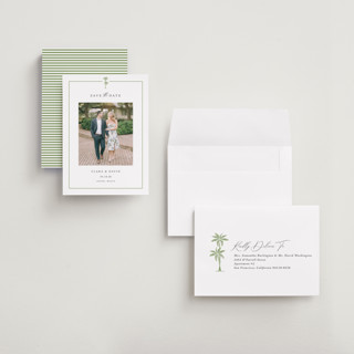 This is a leaf petite save the dates with standard by Olivia Raufman called palm monogram printing on recycled smooth signature in petite