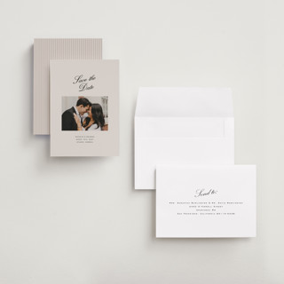 This is a clay petite save the dates with standard by Olivia Kanaley Inman called hayworth printing on recycled smooth signature in petite