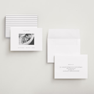 This is a snow petite save the dates with standard by AK Graphics called understated elegance printing on recycled smooth signature in petite