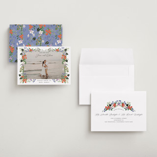 This is a lotus petite save the dates with standard by Sarah Knight called tropicana printing on recycled smooth signature in petite