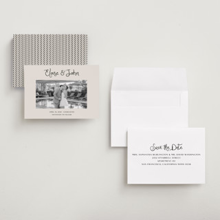This is a tuxedo petite save the dates with standard by Megan Davis called camellia printing on recycled smooth signature in petite