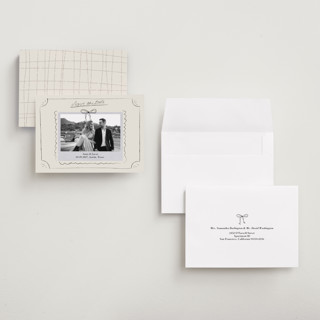 This is a cream petite save the dates with standard by Helena Vitto called easy lover printing on recycled smooth signature in petite