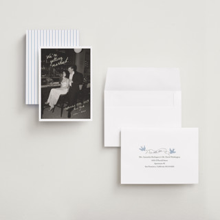 This is a sublime petite save the dates with standard by Helena Vitto called birds of paradise printing on recycled smooth signature in petite