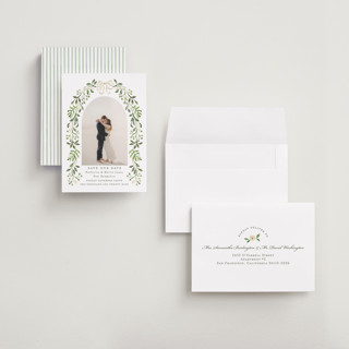 This is a sage petite save the dates with standard by Sarah Knight called greenery crest printing on recycled smooth signature in petite