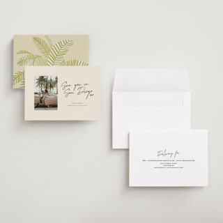 This is a mellow petite save the dates with standard by Inkblot Design called heated printing on recycled smooth signature in petite