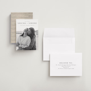 This is a downtown petite save the dates with standard by Ani Somi called happy sailing printing on recycled smooth signature in petite