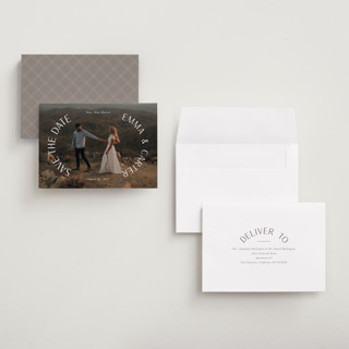 This is a pearl petite save the dates with standard by Susan Asbill called roundabout printing on recycled smooth signature in petite