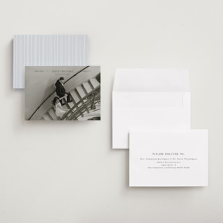 This is a noir petite save the dates with standard by Tamara Hilje called in line printing on recycled smooth signature in petite