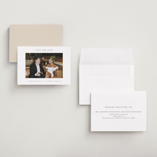 This is a chantilly petite save the dates with standard by Pippa Shaw called espresso printing on recycled smooth signature in petite