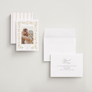 This is a peony petite save the dates with standard by Baumbirdy called rosebud printing on recycled smooth signature in petite