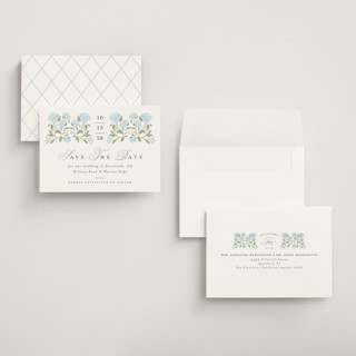 This is a nantucket petite save the dates with standard by Susan Zinader called hydrangea hedge printing on signature in petite