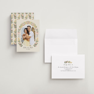 This is a spring petite save the dates with standard by Elly called spring printing on recycled smooth signature in petite