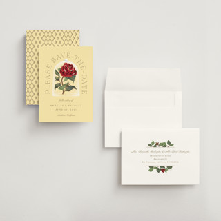This is a minosa petite save the dates with standard by Leah Bisch called enchanted rose from disney's beauty & the beast printing on signature in petite