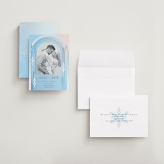 This is a aqua petite save the dates with standard by Lori Wemple called frozen printing on recycled smooth signature in petite