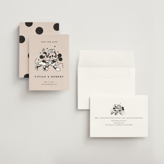 This is a retro petite save the dates with standard by Sumak Studio called disney's retro mickey mouse and minnie mouse printing on signature in petite