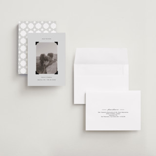 This is a cream petite save the dates with standard by Jenny Millington called scrapbook frame printing on recycled smooth signature in petite