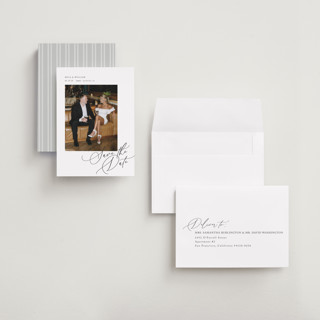 This is a pearl petite save the dates with standard by Melanie Kosuge called side swept printing on recycled smooth signature in petite