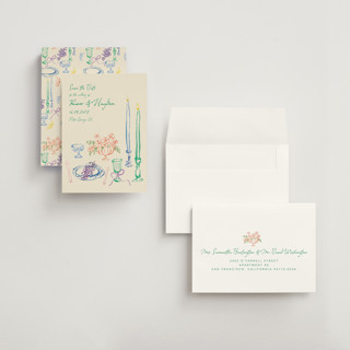 This is a garden petite save the dates with standard by Cass Loh called tablescape drawing printing on signature in petite