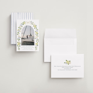 This is a coastline petite save the dates with standard by Sarah Knight called coastal hydrangea printing on recycled smooth signature in petite