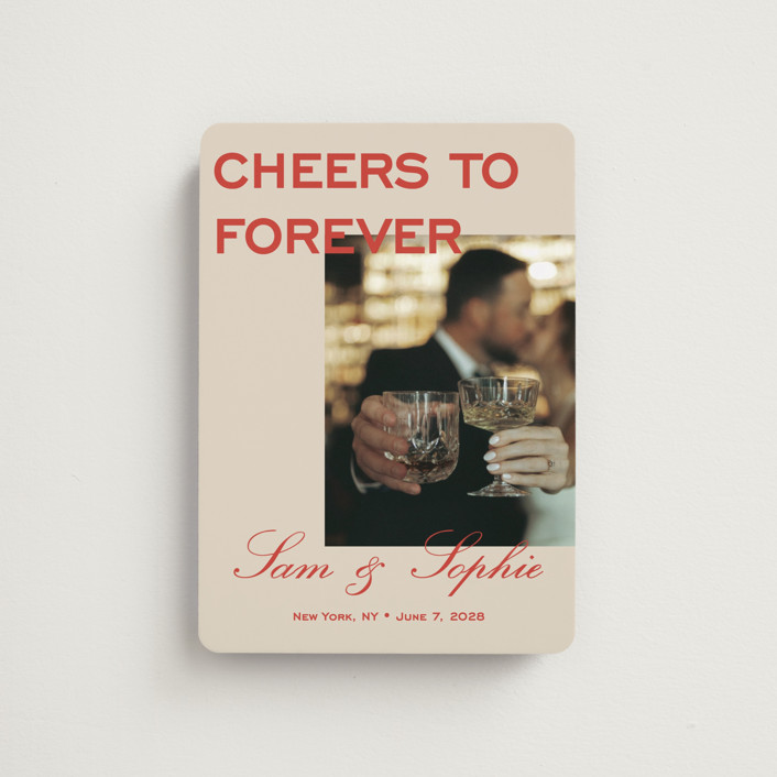 "Bold Cheers" - Save The Date Magnets in Tomato by Sydney Kay.