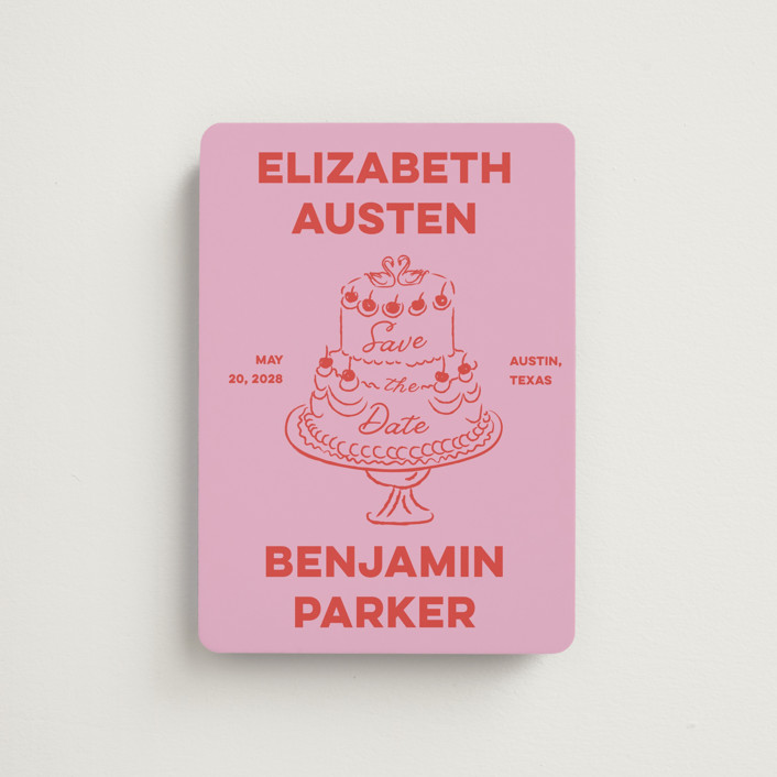 "The Cake" - Hand Drawn Save The Date Magnets in Cherry by Helena Vitto.