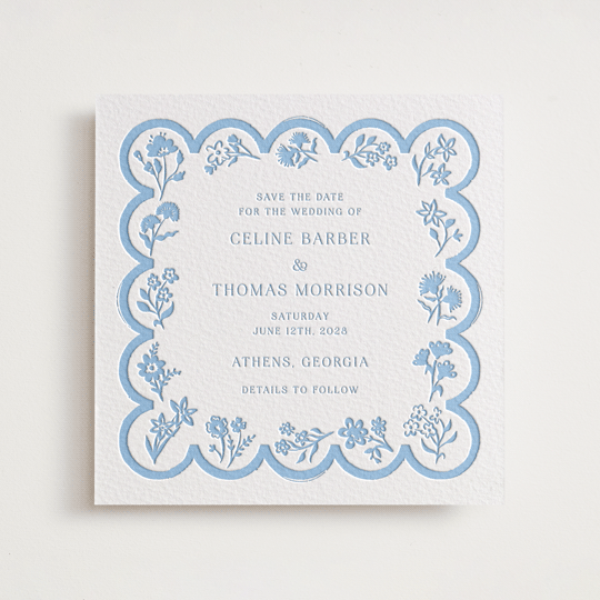 "Petite Jolie" - Letterpress Save The Date Cards in Sky Blue by Hannah Bowman.