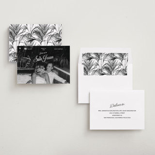 This is a snow save the date with standard by Inkblot Design called vintage trip printing on recycled smooth signature in standard