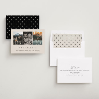This is a ecru save the date with standard by Erica Krystek called simple trio printing on recycled smooth signature in standard