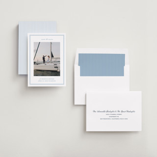 This is a ocean save the date with standard by Carolyn MacLaren called boathouse printing on recycled smooth signature in standard