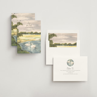 This is a lake save the date with standard by Teju Reval called dreamy pond printing on signature in standard