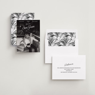 This is a snow save the date with standard by Inkblot Design called vintage trip printing on recycled smooth signature in standard