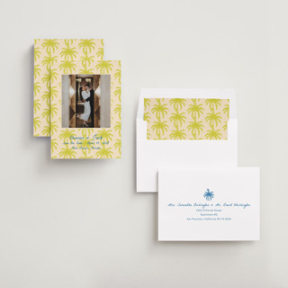 This is a limon save the date with standard by Megan Davis called palm beach printing on recycled smooth signature in standard