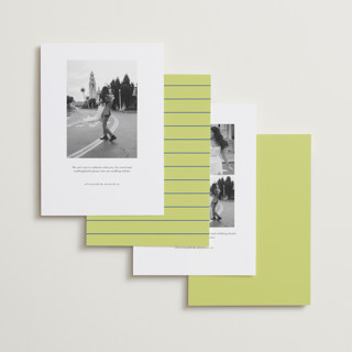 This is a chartreuse save the date with standard by Jennifer Lew called communiqué printing on recycled smooth signature in standard