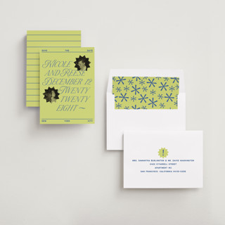 This is a chartreuse save the date with standard by Jennifer Lew called communiqué printing on recycled smooth signature in standard
