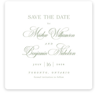 This is a garden save the date with standard by Kelly Schmidt called chic script printing on signature in standard
