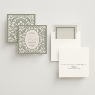 This is a sage save the date with standard by Zove Ahhh called written in romance printing on signature in standard