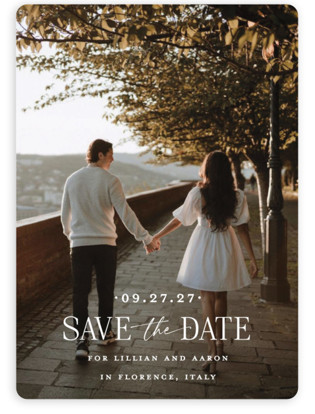 This is a powder save the date with standard by Carolyn MacLaren called together forever printing on recycled smooth signature in standard