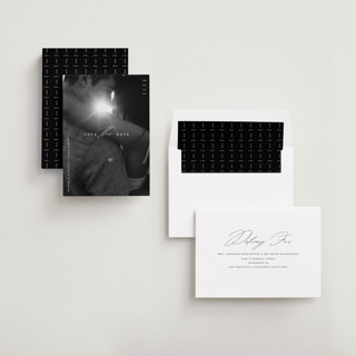 This is a pearl save the date with standard by Christie Garcia called focal printing on recycled smooth signature in standard