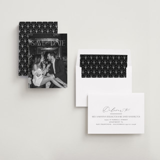 This is a pearl save the date with standard by Brooke Chandler called elegant fete printing on recycled smooth signature in standard