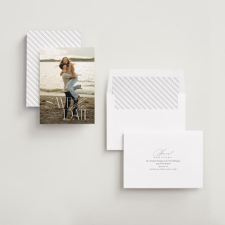 This is a sugar save the date with standard by Jessica Williams called stacked class printing on recycled smooth signature in standard