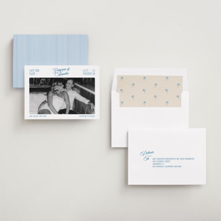 This is a lake save the date with standard by Robert and Stella called opening credits printing on recycled smooth signature in standard