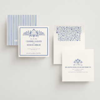 This is a cobalt save the date with standard by Jenna Holcomb called tapestry printing on signature in square
