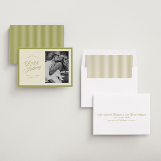 This is a olive save the date with standard by Ellen Schlegelmilch called rory printing on recycled smooth signature in standard
