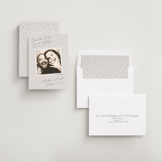 This is a mist save the date with standard by Side Note Design called candid ink printing on recycled smooth signature in standard