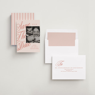 This is a cherry save the date with standard by Alethea and Ruth called script overlay printing on recycled smooth signature in standard