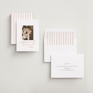 This is a peach save the date with standard by AK Graphics called flourishing printing on recycled smooth signature in standard