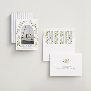 This is a coastline save the date with standard by Sarah Knight called coastal hydrangea printing on recycled smooth signature in standard