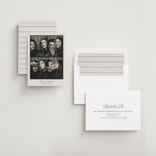 This is a tan save the date with standard by Ashley Iwafuchi called sweet snapshot printing on recycled smooth signature in standard