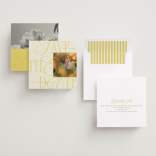 This is a island citrus save the date with standard by Morgan Kendall called bloom printing on recycled smooth signature in standard