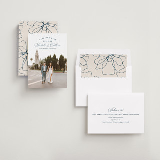 This is a navy save the date with standard by Erica Krystek called arched type printing on recycled smooth signature in standard